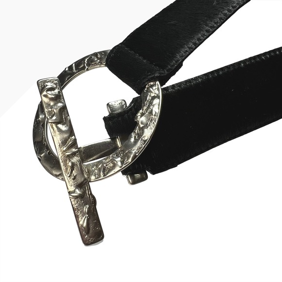 Sandy Duftler Belt Women Statement‎ Black Leather Cow Hair Toggle Goth Vtg 90's - Picture 2 of 16